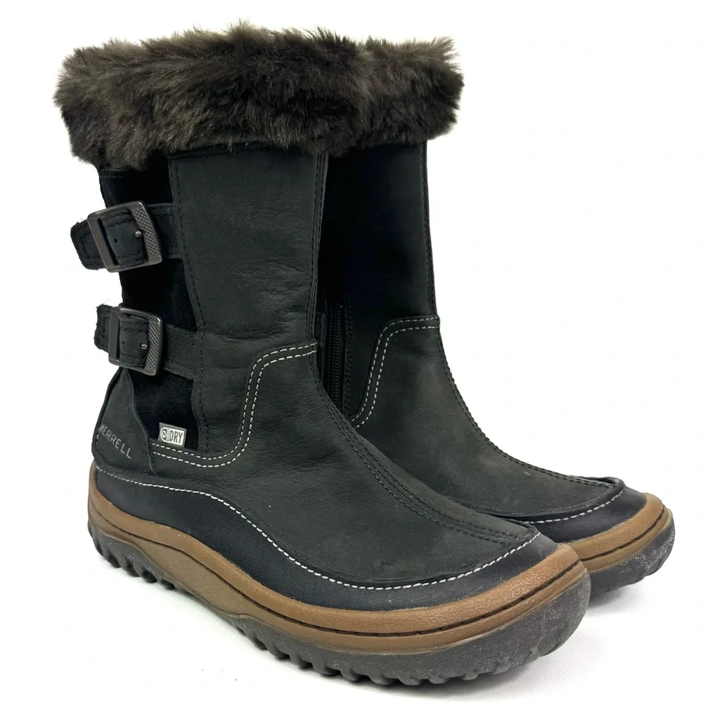 Merrell Decora Chant Waterproof Leather Winter Boots - black w fur - Sz 6 - Picture 12 of 17